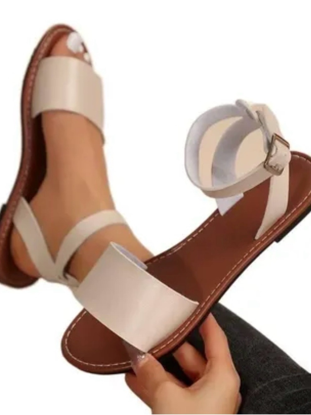 Ankle-Strap Flat Sandals in Cream - Casual Women's Sandals